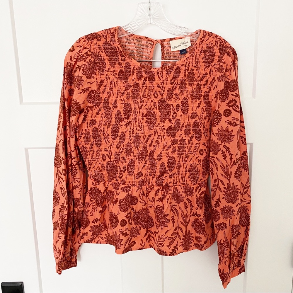 The Universal Thread Puff Long-Sleeve Smocked Blouse coral and red shirt size s - Picture 2 of 4
